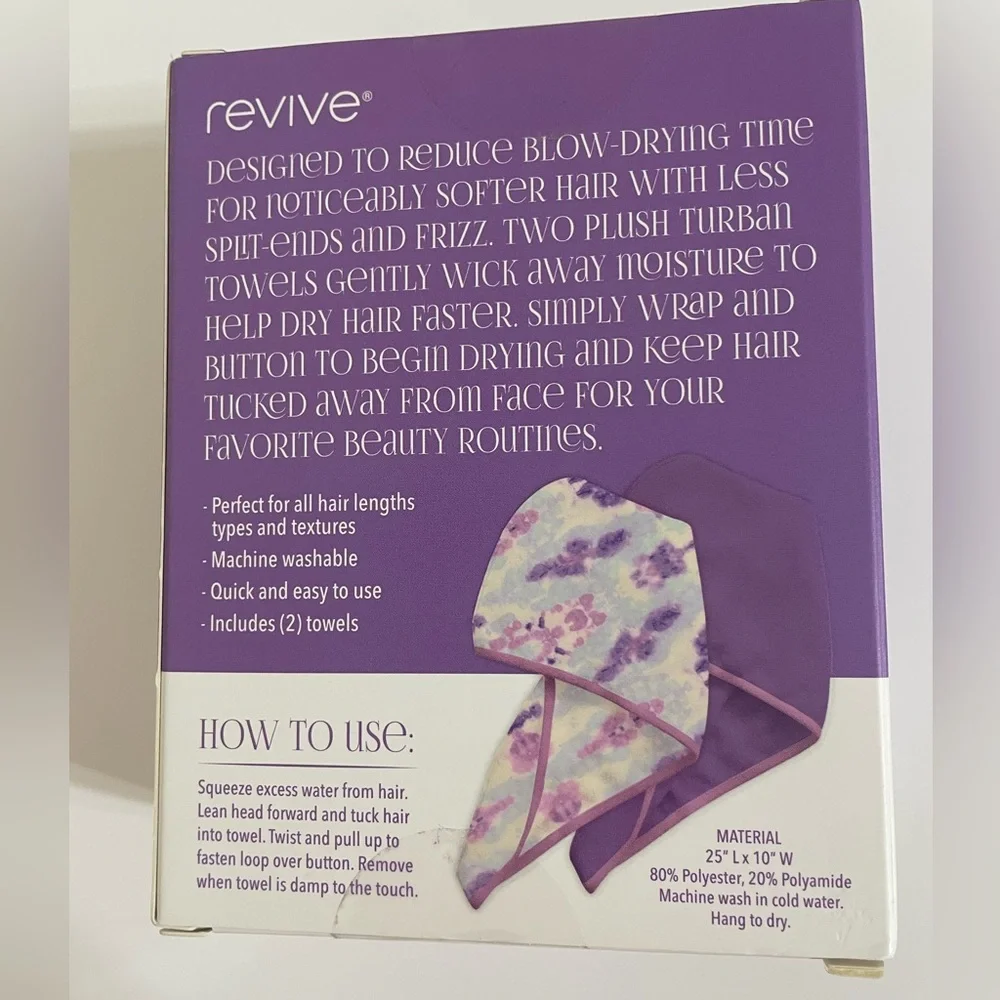 New REVIVE 2 Pack Purple Hair Turbans Reduce Blow Drying Time